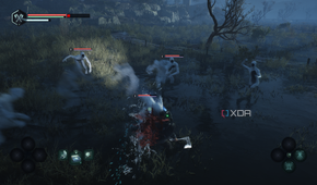 Fighting a swarm of Hollow Walkers in a swamp in Hell is Us.