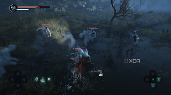 Fighting a swarm of Hollow Walkers in a swamp in Hell is Us.