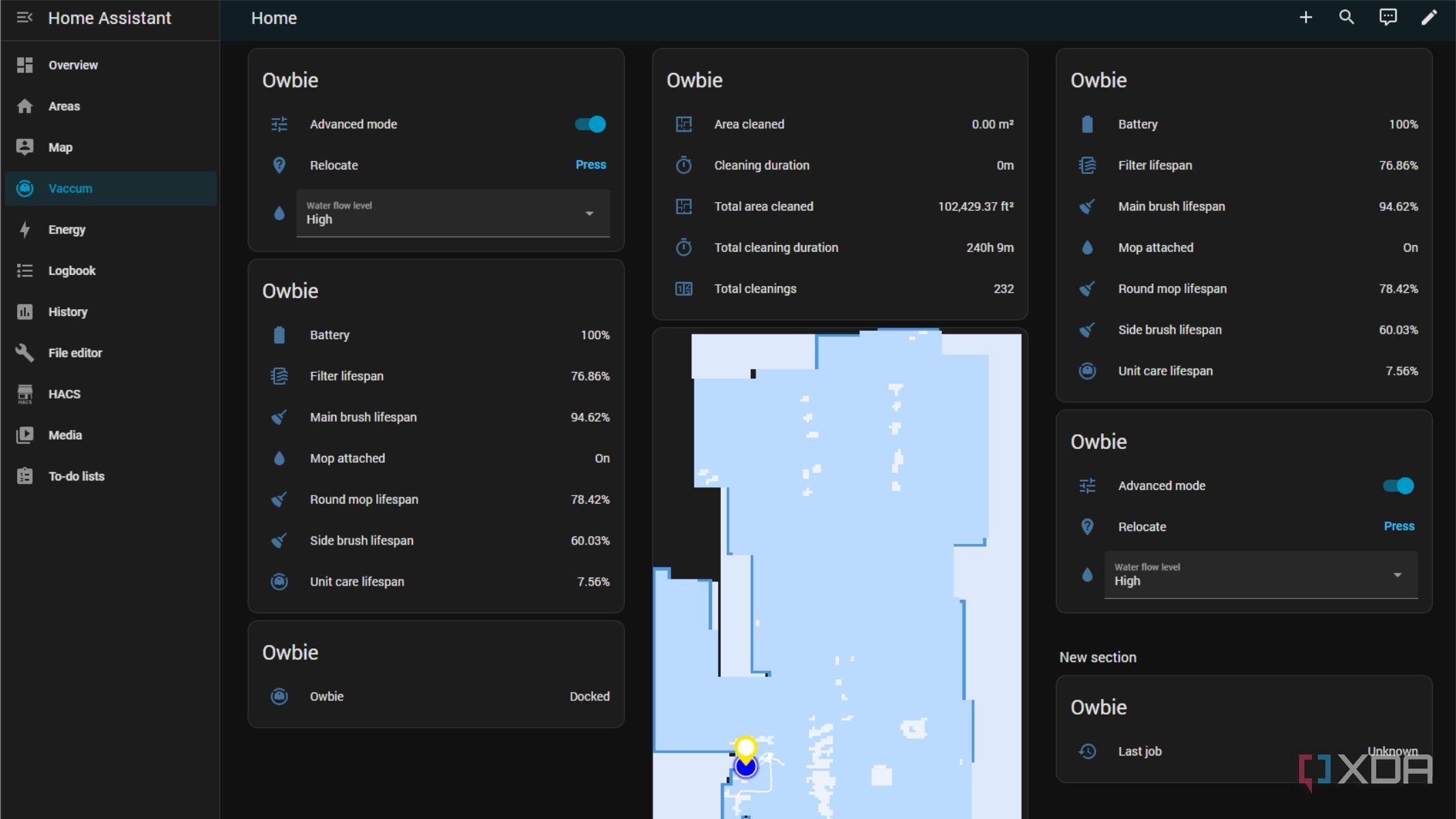 screenshot of home assistant showing my custom dashboard for my robovac