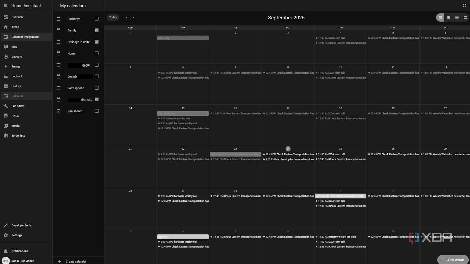 screenshot of home assistant with google calendar integrated into the sidebar