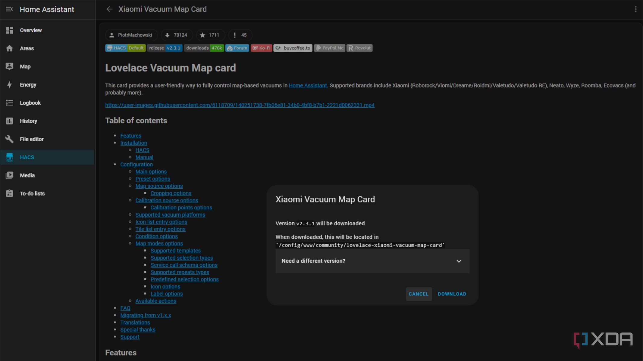 screenshot of home assistant hacs with the lovelace cards for ecovacs
