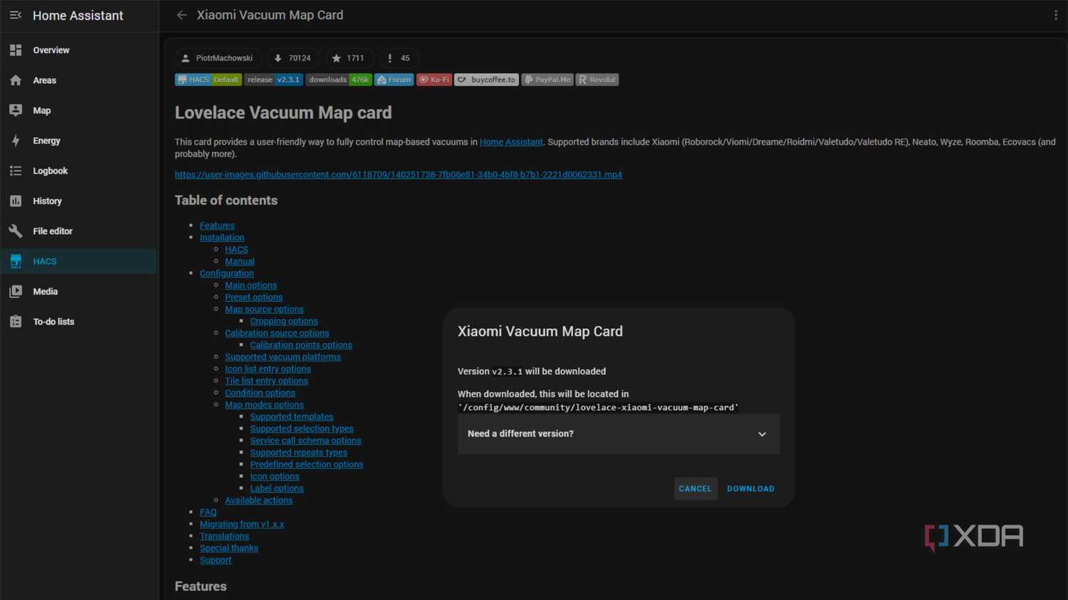 screenshot of home assistant hacs with the lovelace cards for ecovacs