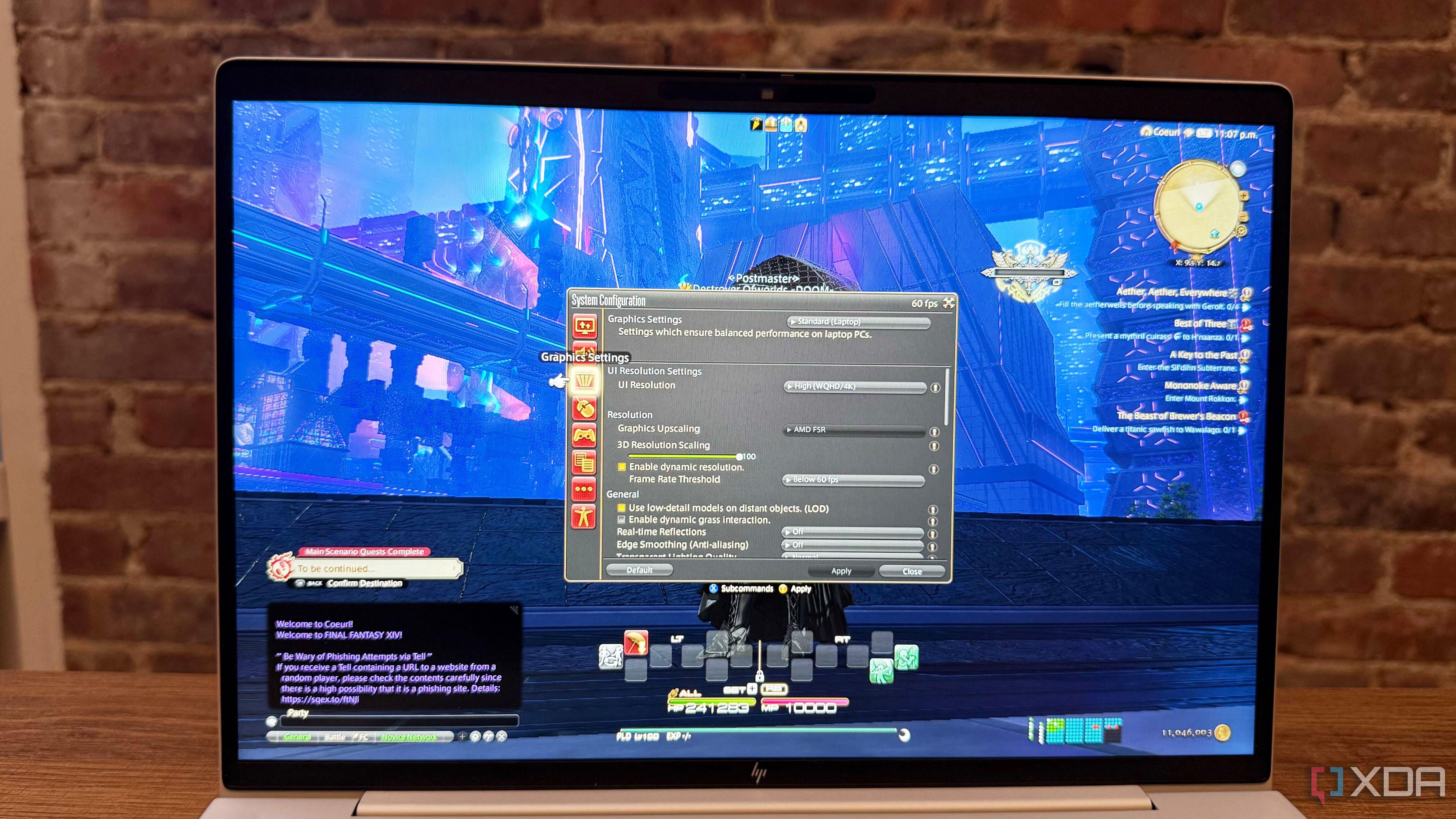 Close-up of the FFXIV built-in framerate tool, running on the HP EliteBook X G1i business laptop.