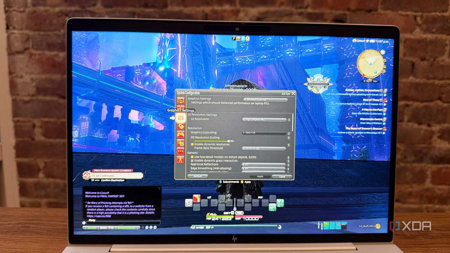 Close-up of the FFXIV built-in framerate tool, running on the HP EliteBook X G1i business laptop.