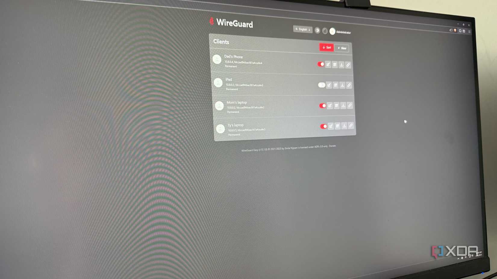 A photo of a monitor showing the wg-easy control panel