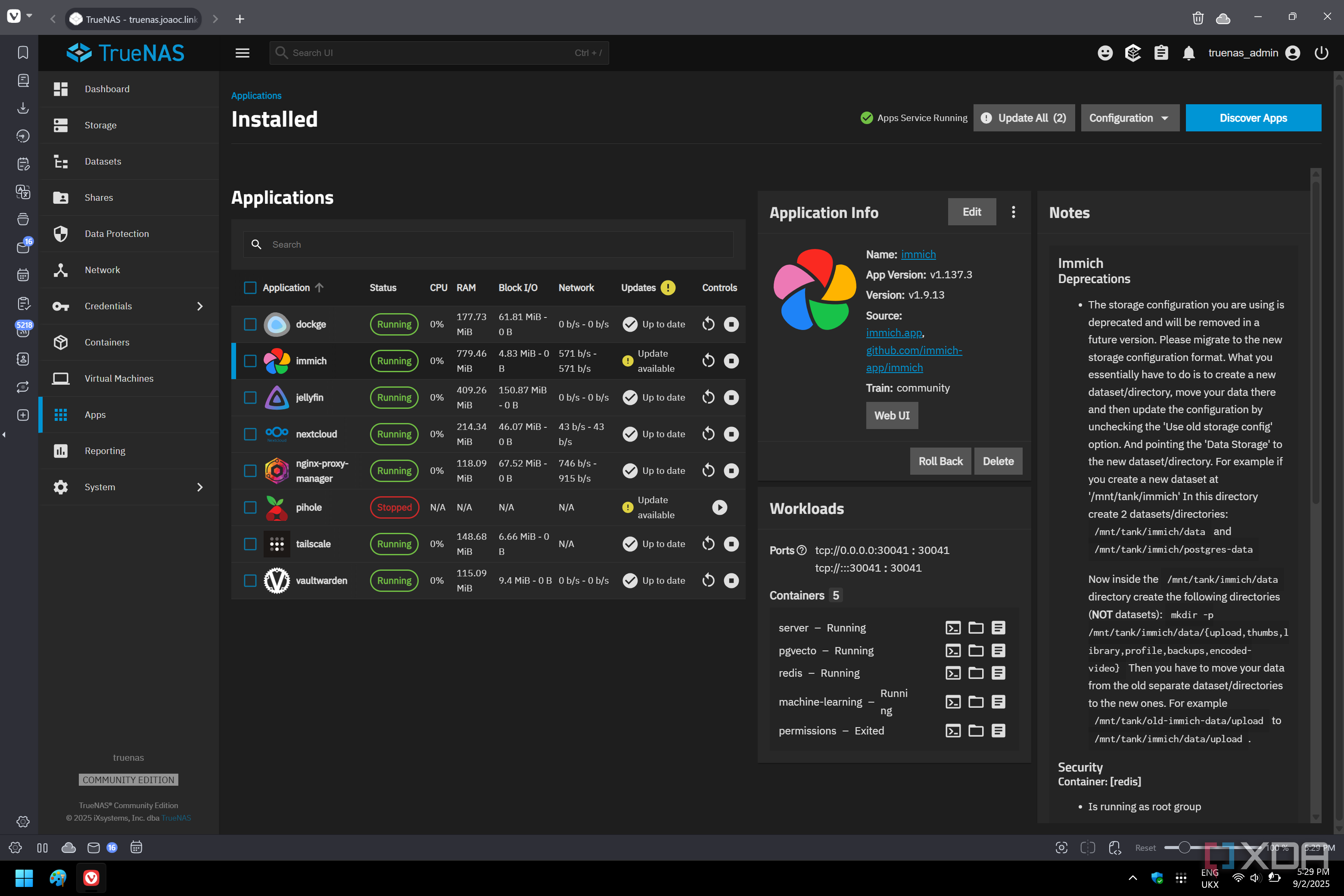 Screenshot of Apps section of TrueNAS showing Immich requires a change in the storage configuration