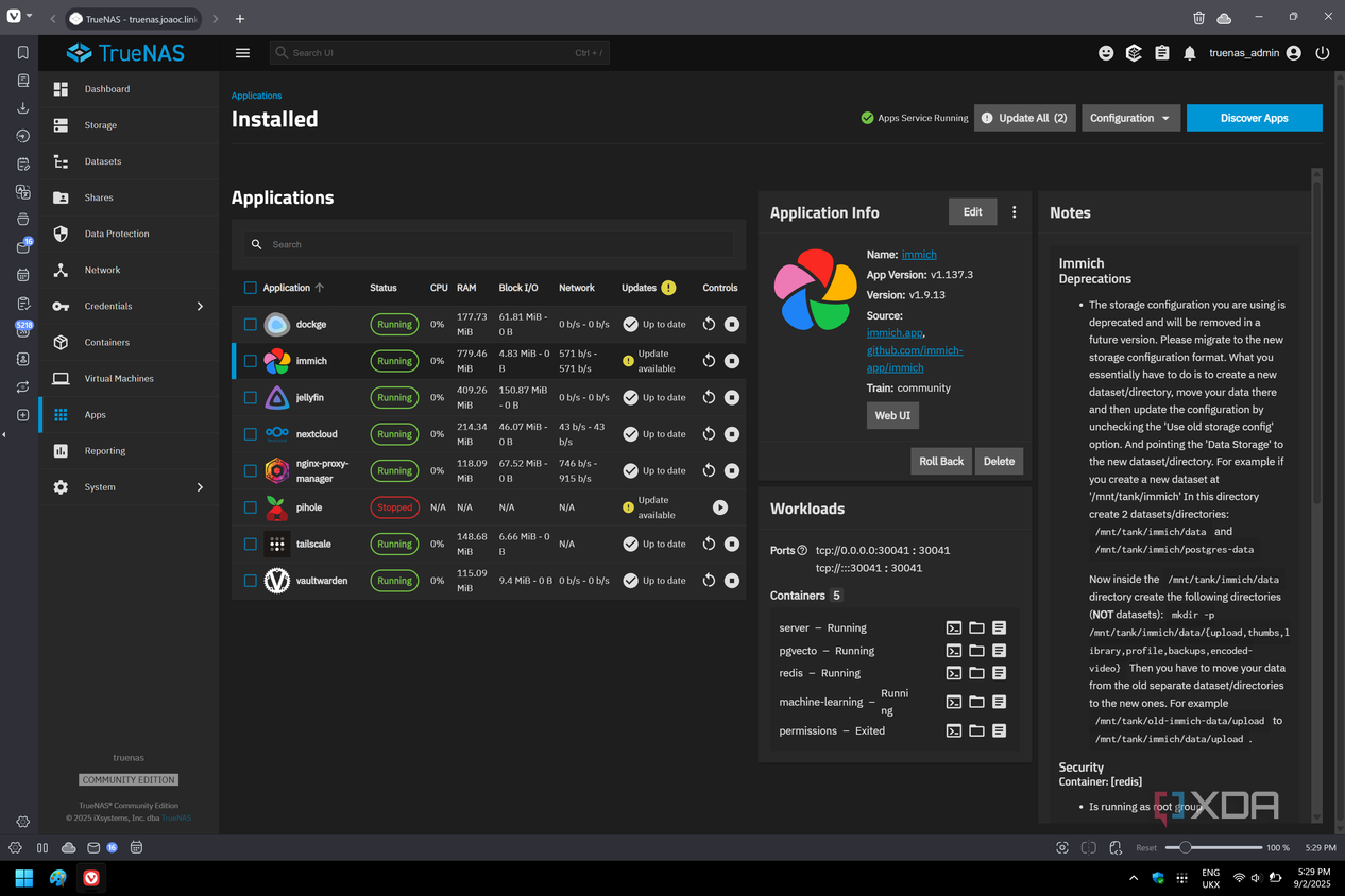 Screenshot of Apps section of TrueNAS showing Immich requires a change in the storage configuration