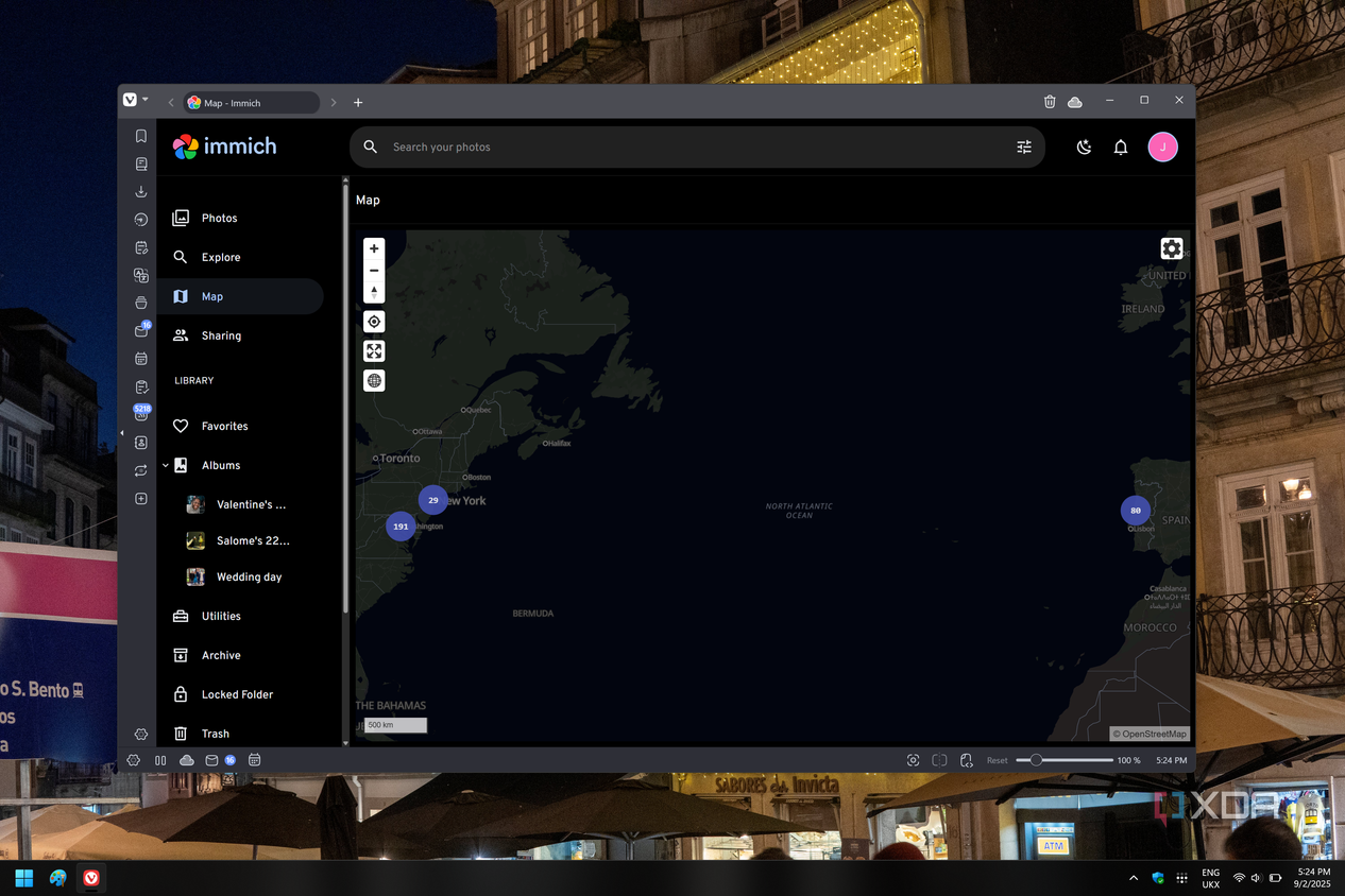 Screenshot of the map view in Immich showing a number photos taken in different places