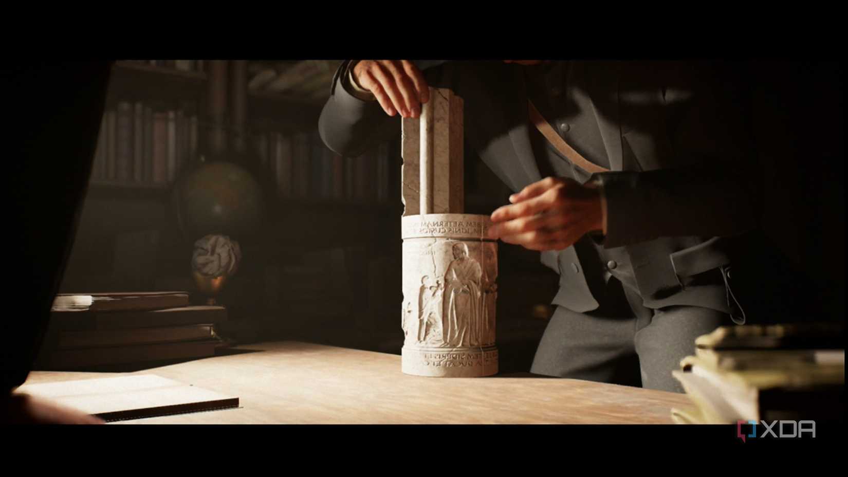 A screenshot of Indy looking at a stone tablet from the Indiana Jones And The Order of Giants DLC