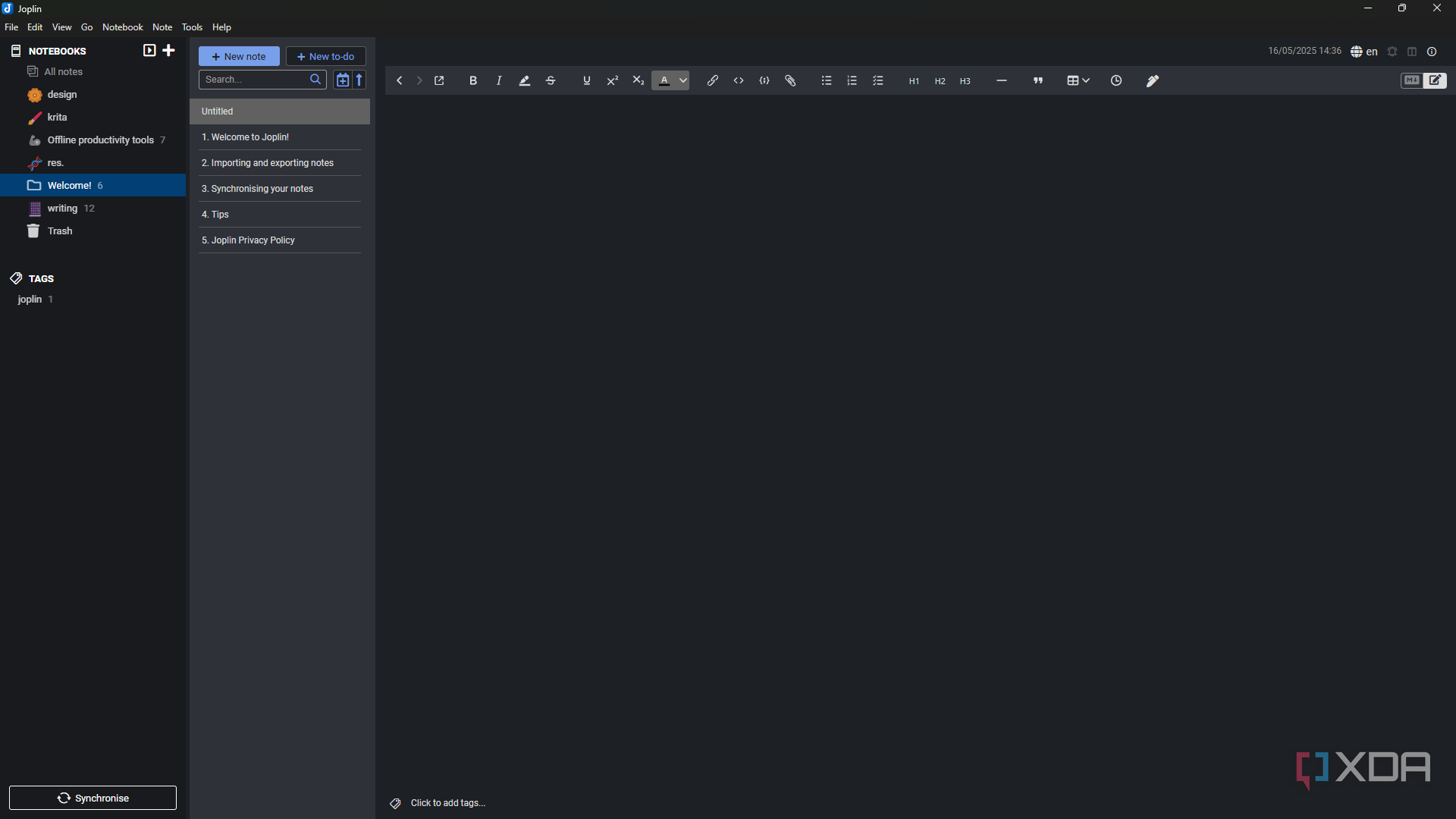 Joplin default editor window with side panels