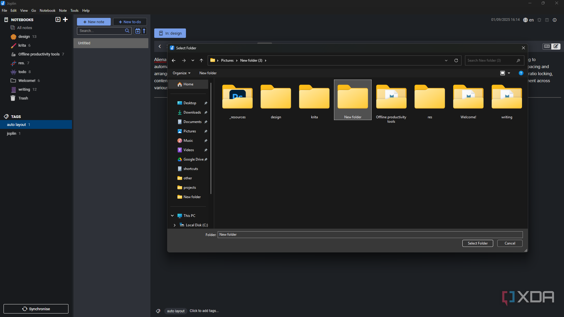 Joplin selecting local folder to export