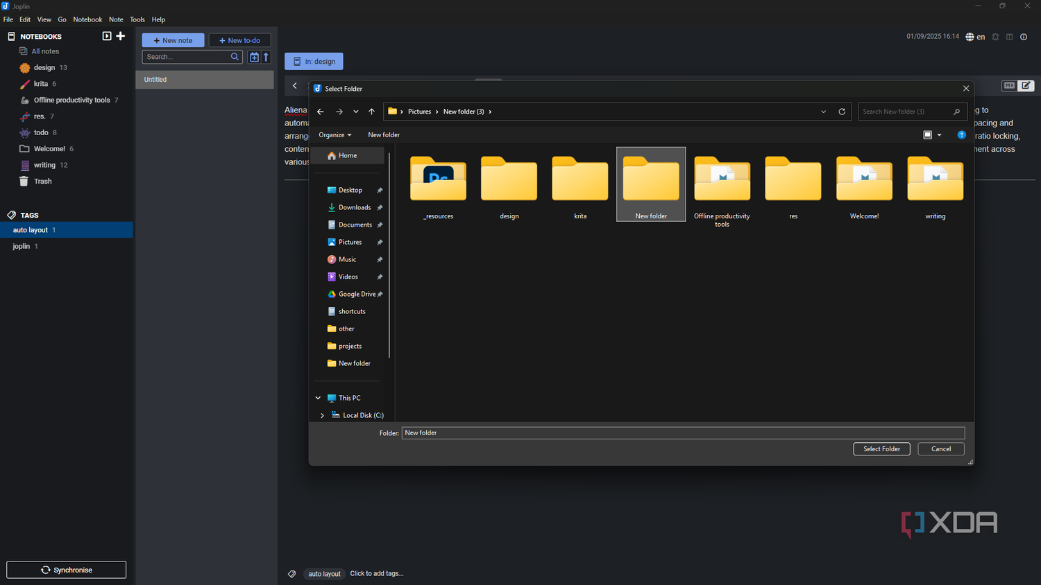 Joplin selecting local folder to export