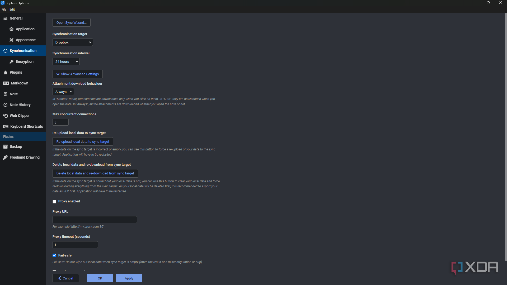 Joplin sync settings