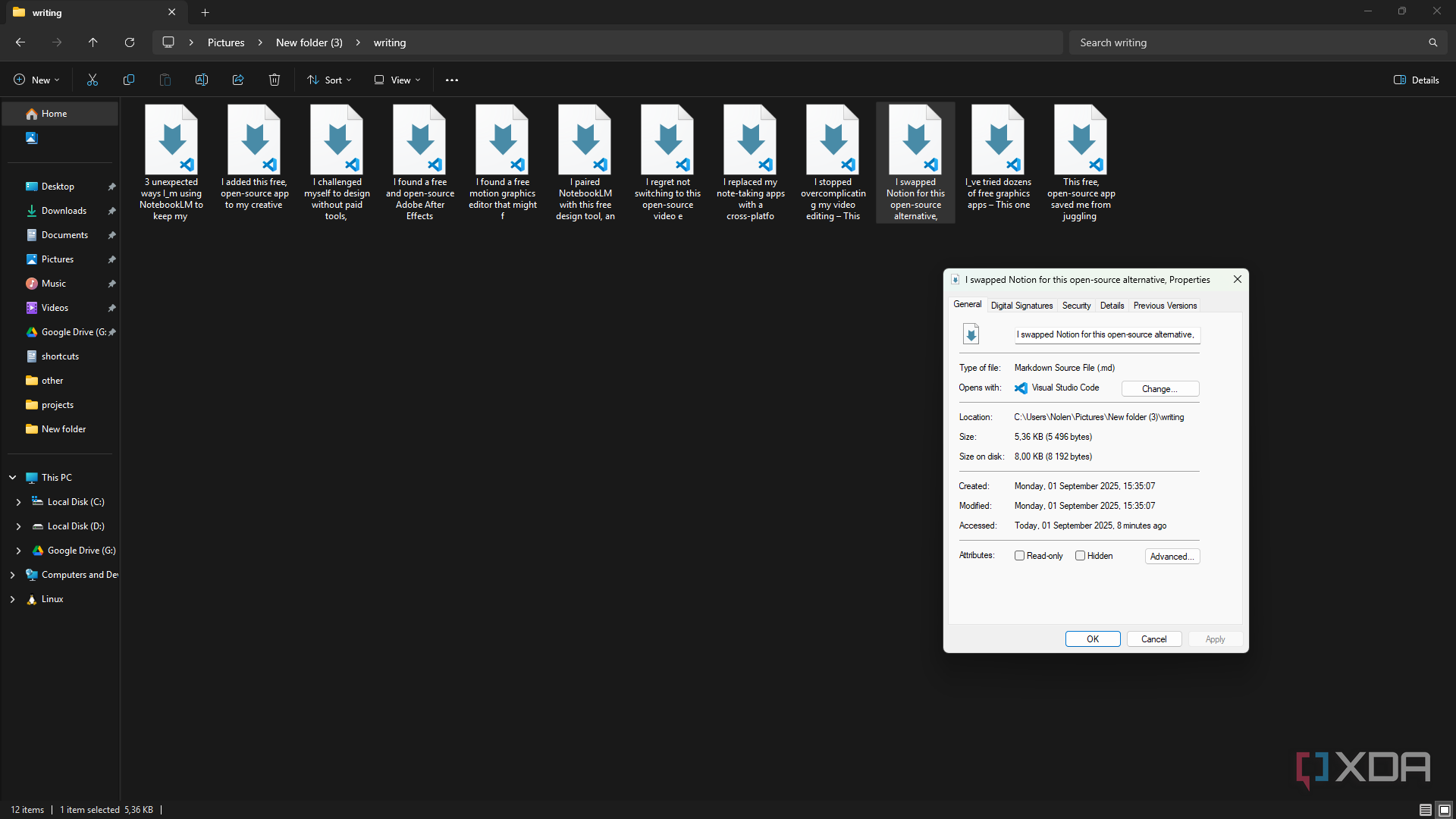Joplin text files, properties visible