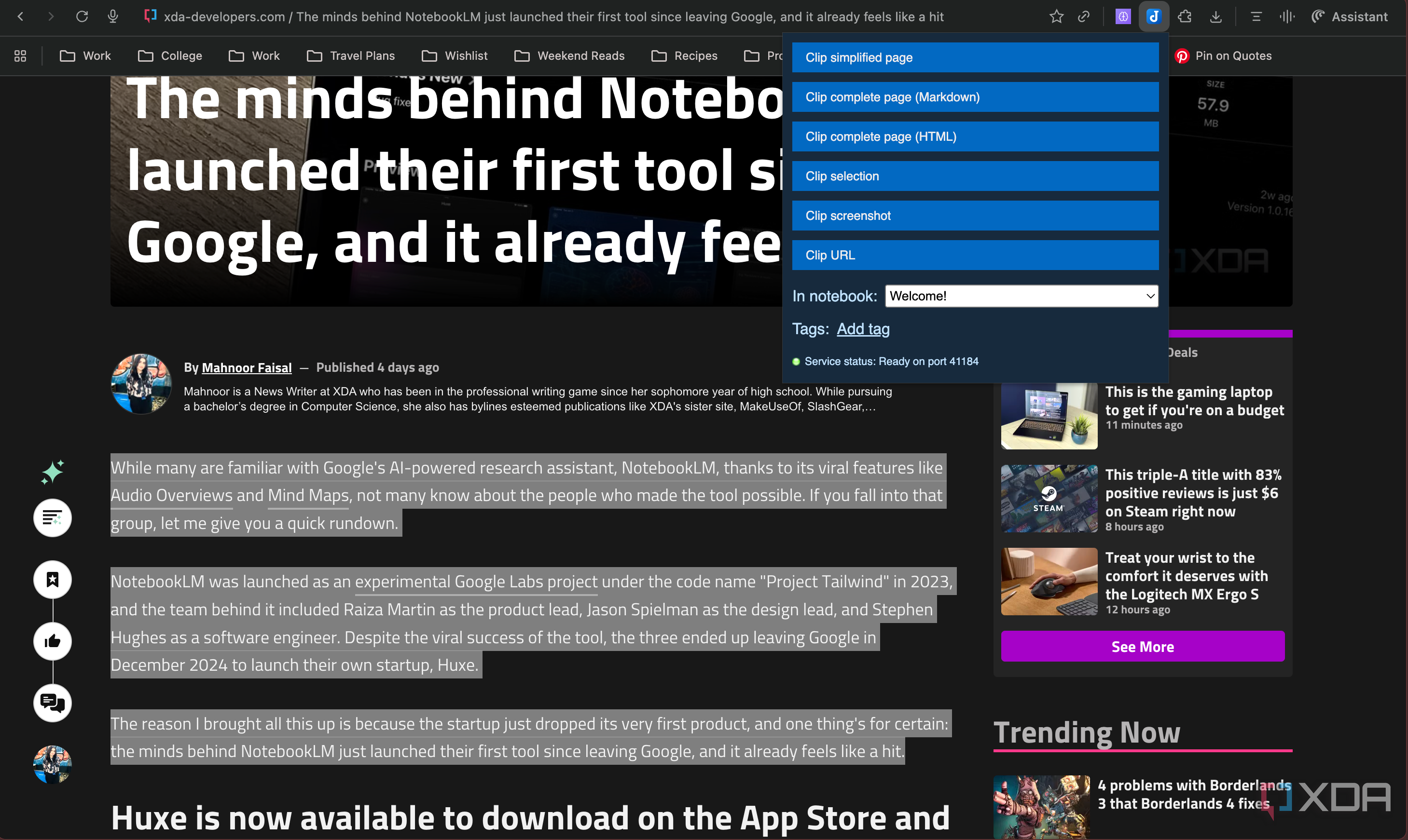 Joplin Web Clipper extension with content selected