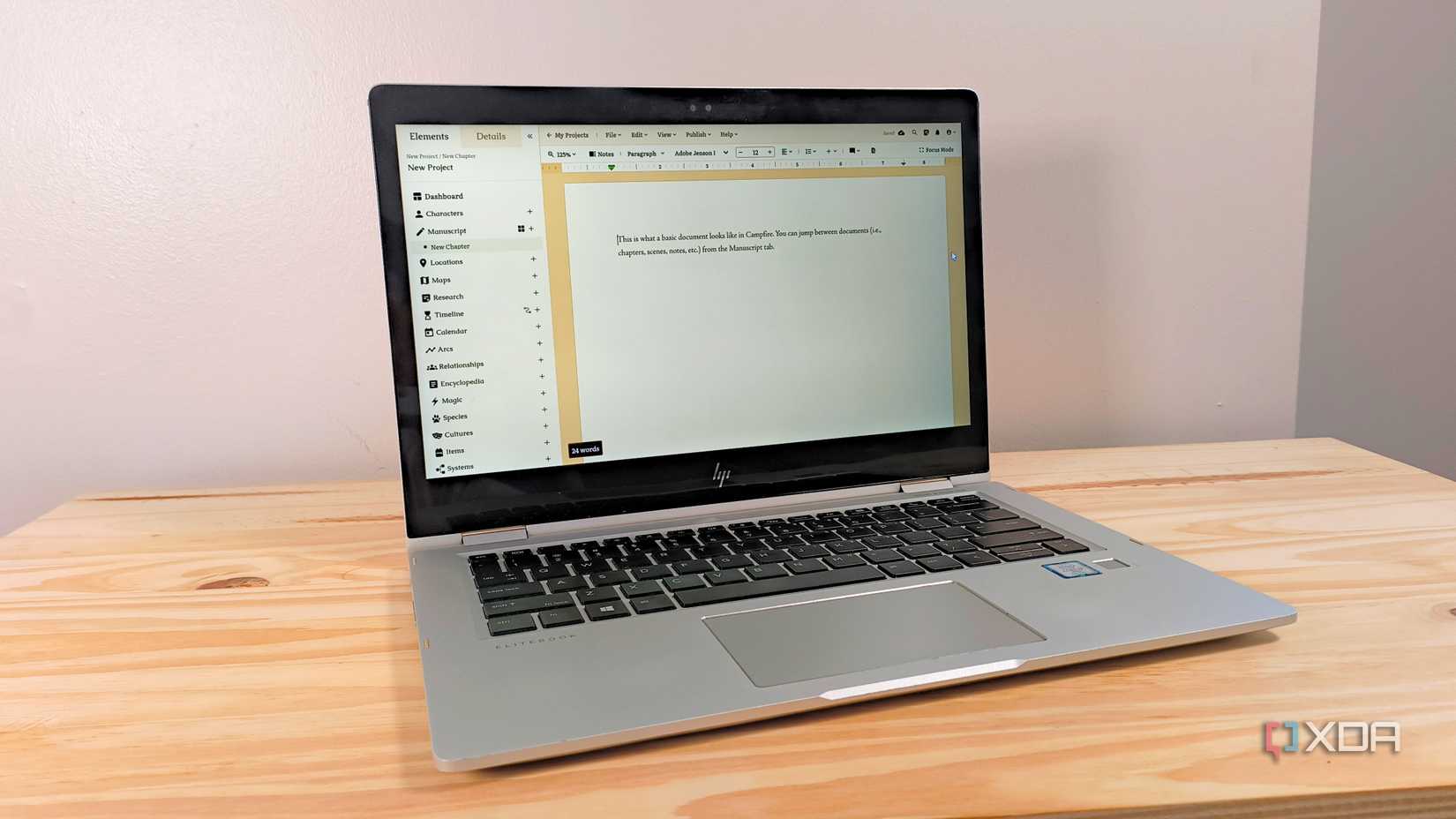The Campfire web-based writing app running on a laptop with Fedora Linux