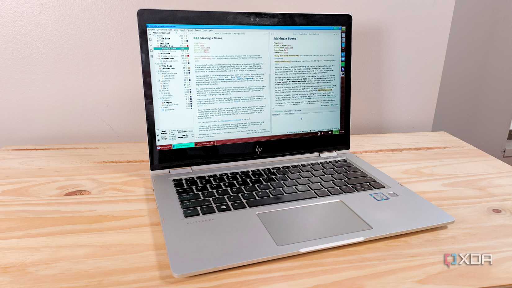 The NovelWriter writing app on a laptop running Fedora Linux