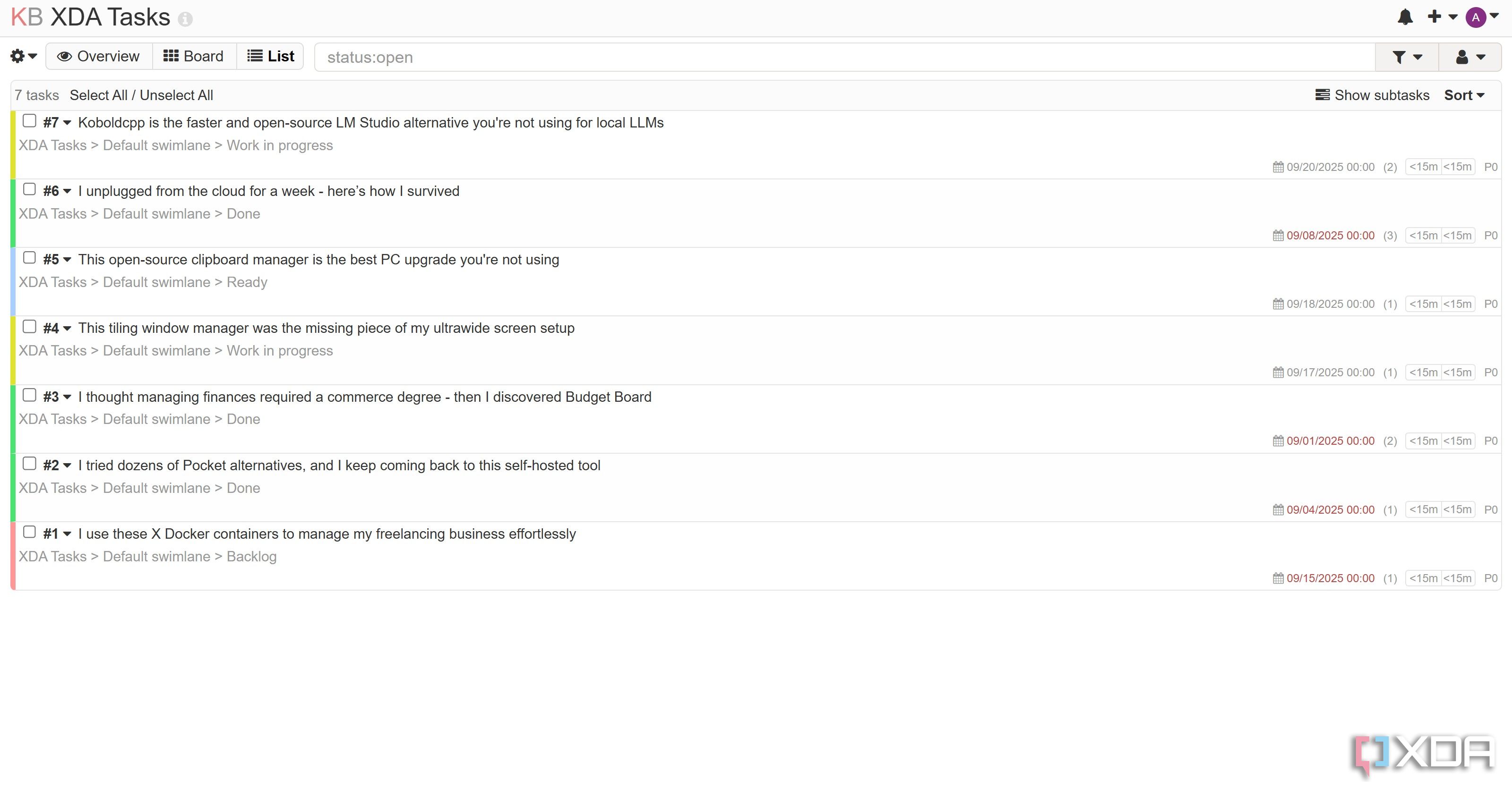 List view in Kanboard