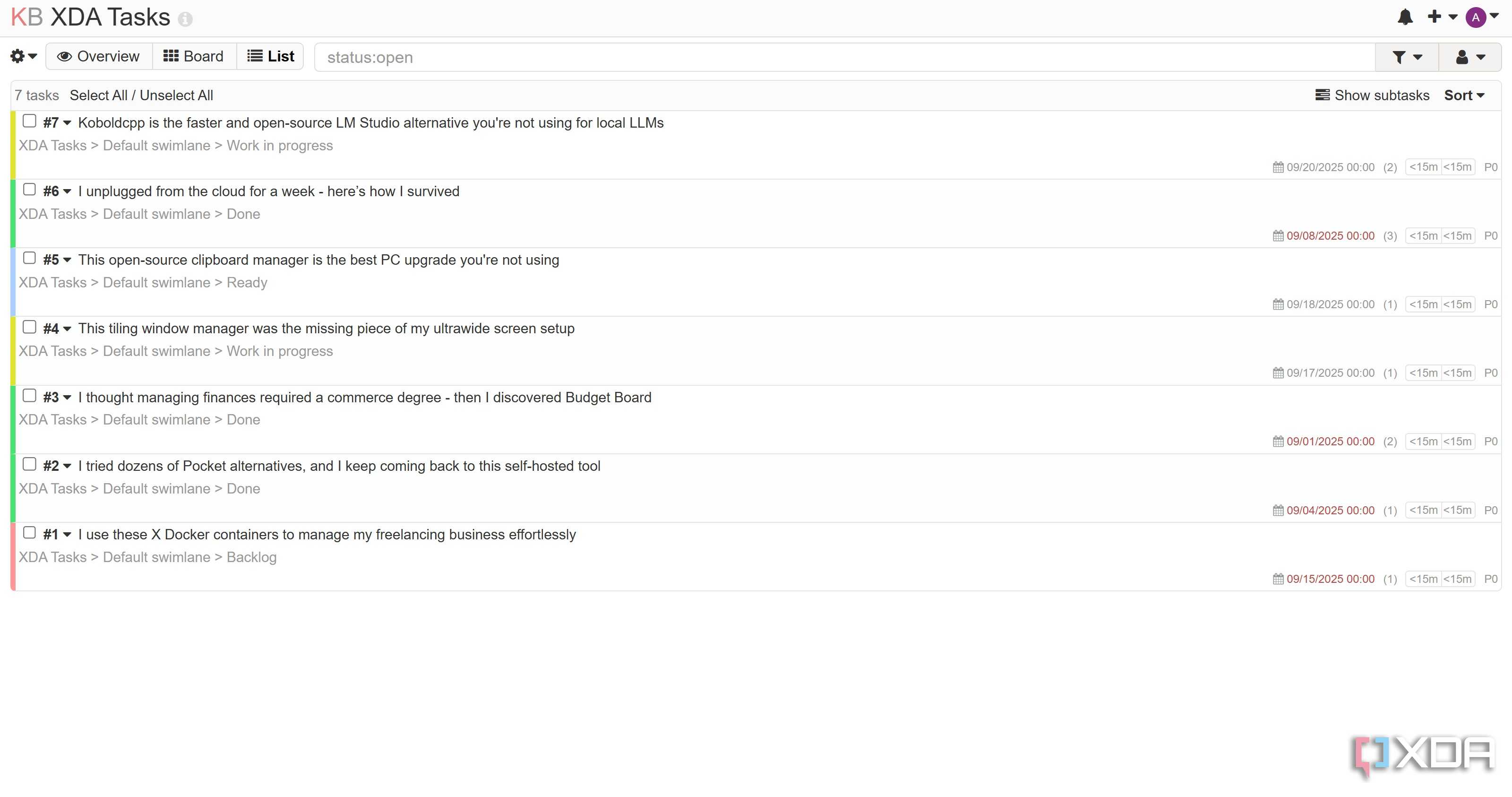 List view in Kanboard