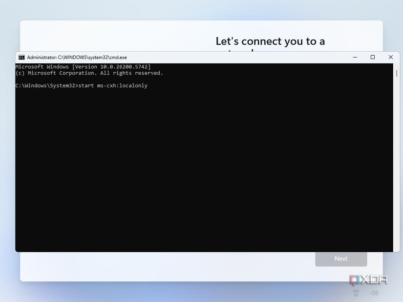 Captura de pantalla de Windows 11 OOBE que muestra un comando para omitir la conexión a Internet