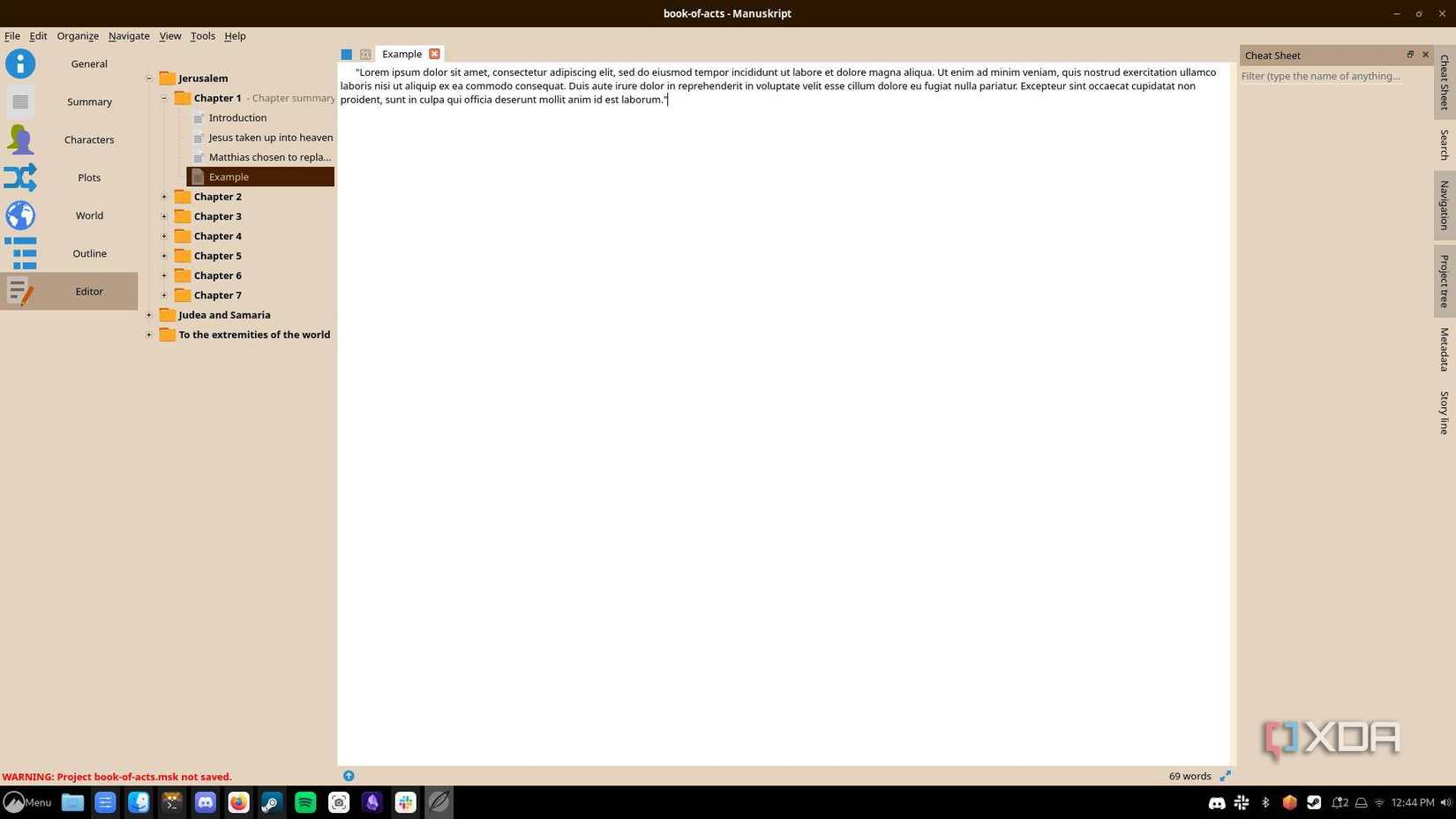 A screenshot of an example document in an example project on the Manuskript app on Linux