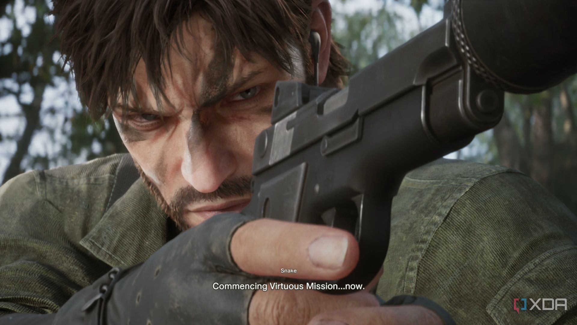 A screenshot of Snake at the start of Metal Gear Solid Delta: Snake Eater