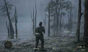 A screenshot of Snake going into a swamp area in Metal Gear Solid Delta: Snake Eater