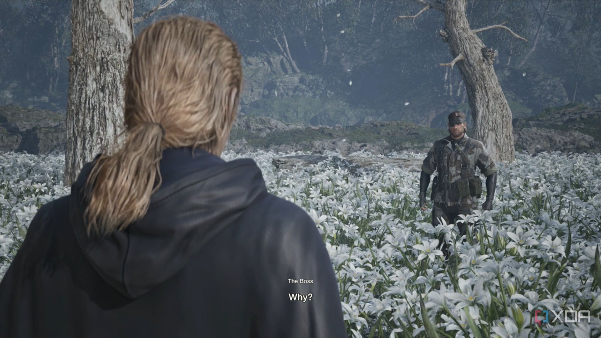 A screenshot of The Boss facing down Snake in Metal Gear Solid Delta: Snake Eater