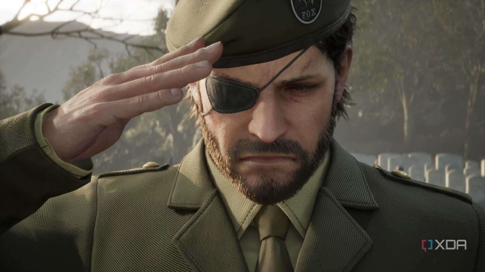 A screenshot of Snake saluting a grave in Metal Gear Solid Delta: Snake Eater