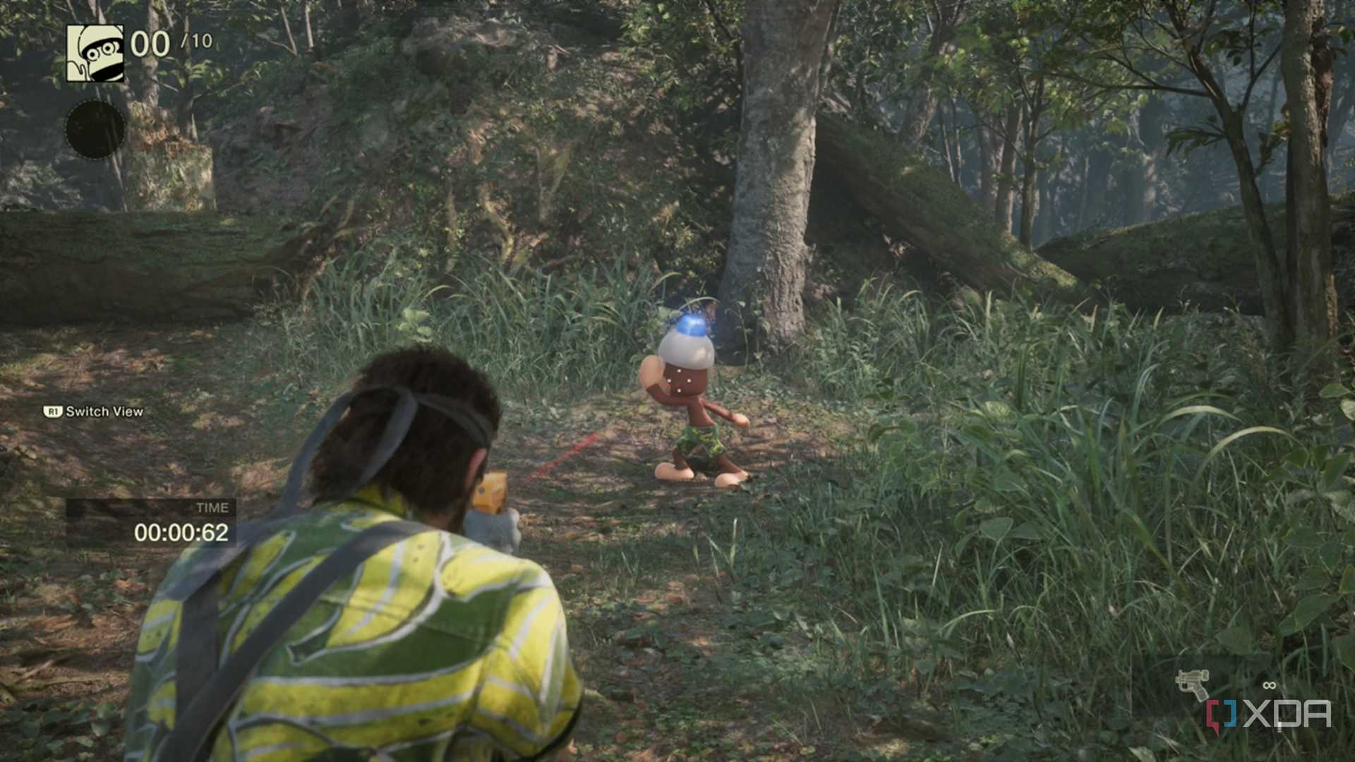 A screenshot of Snake aiming at an Ape escape monkey in Metal Gear Solid Delta: Snake Eater