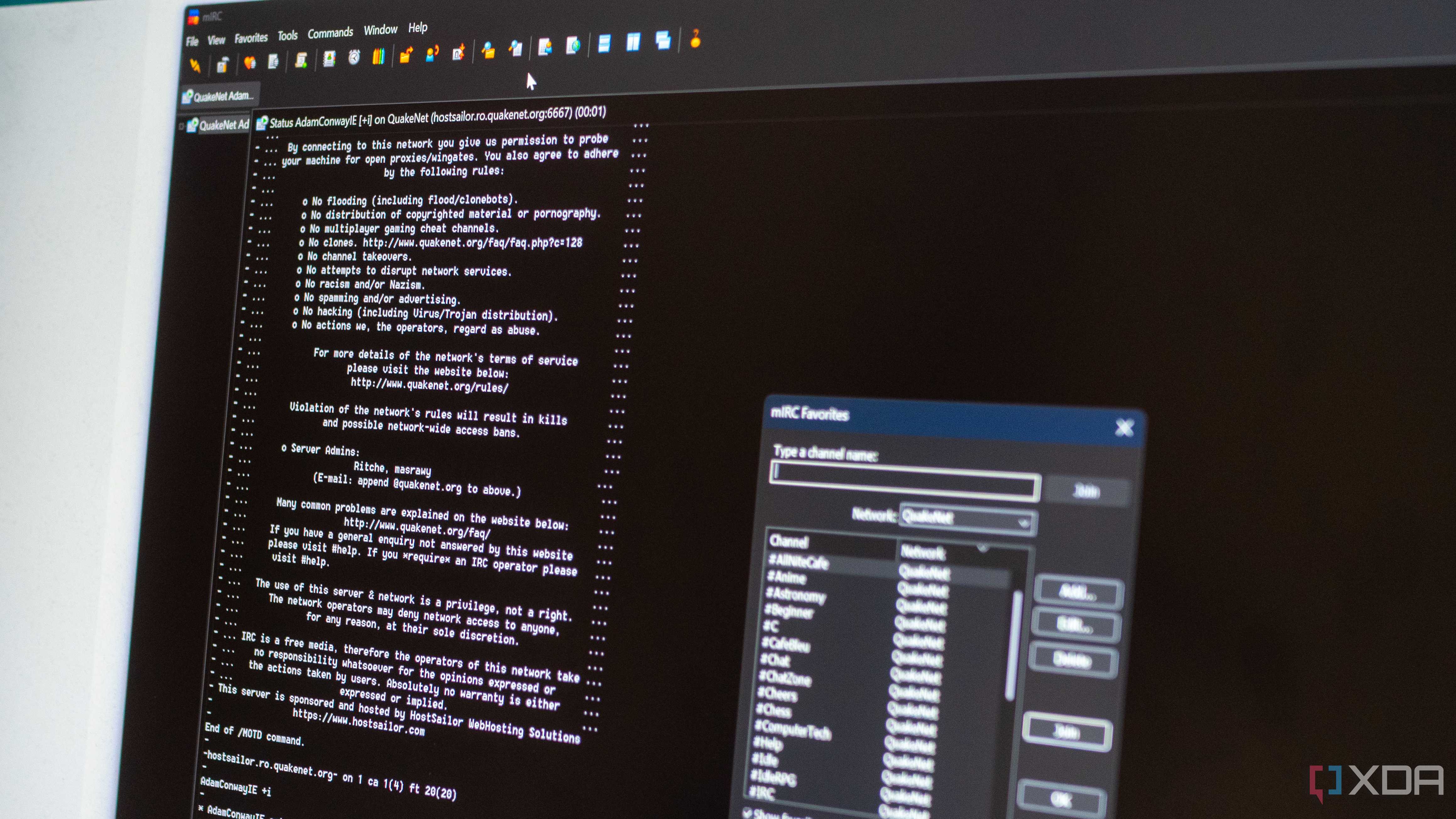 mIRC, showing the QuakeNet MOTD and a channel list