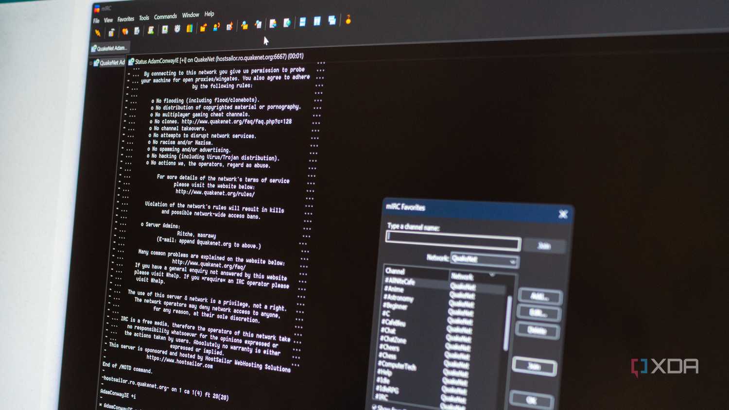 mIRC, showing the QuakeNet MOTD and a channel list