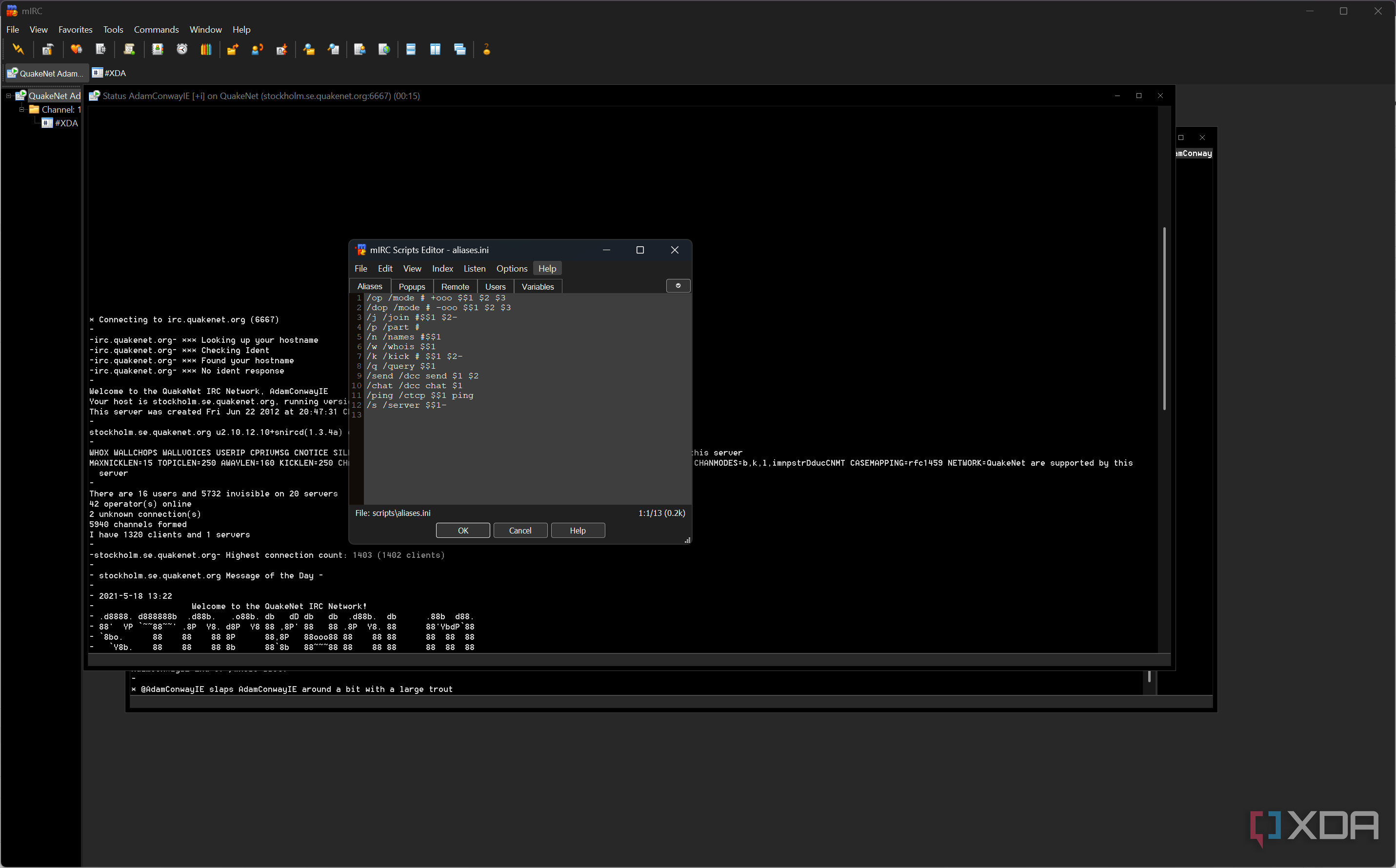 mIRC scripts, the aliases editor