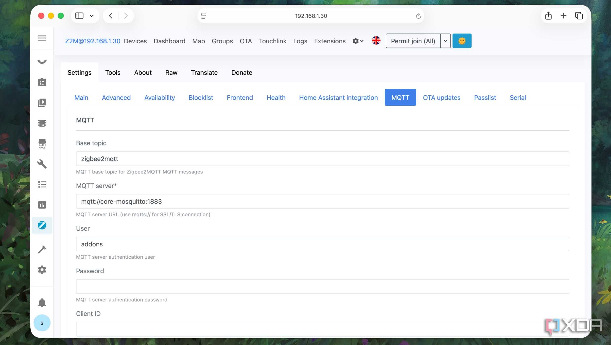 A view of MQTT server settings for zigbee2mqtt in Home Assistant