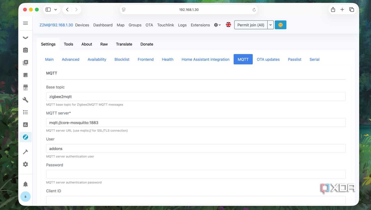 A view of MQTT server settings for zigbee2mqtt in Home Assistant
