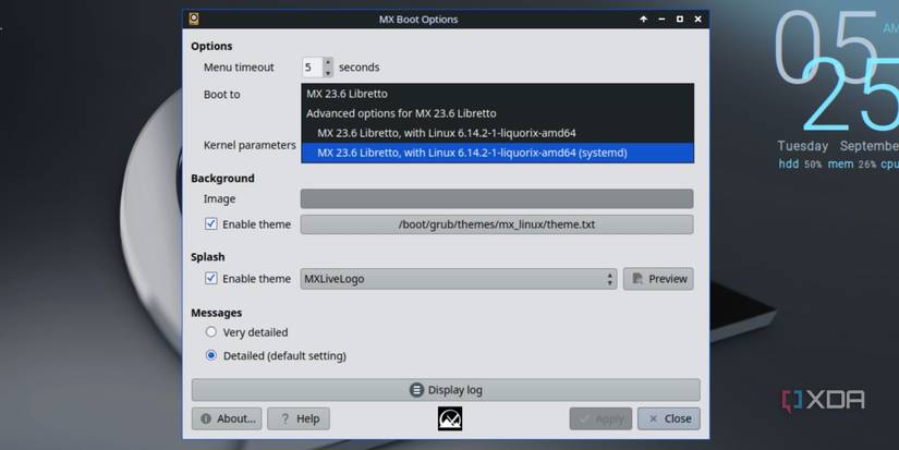 screenshot of mx boot options select kernel