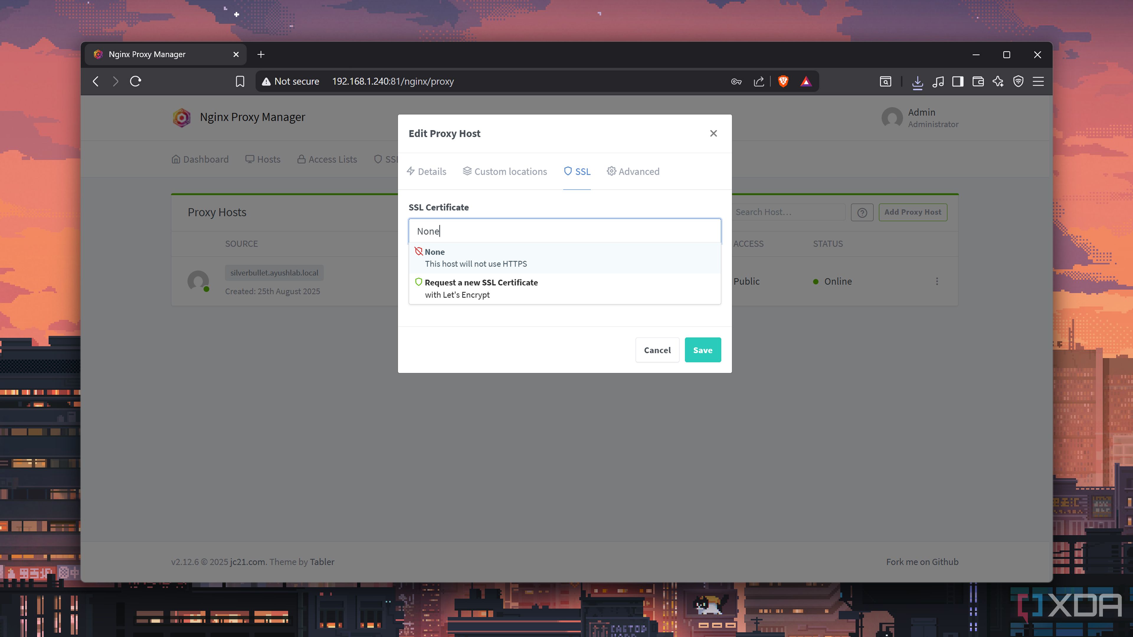 Adding a certificate to a Proxy Host in Nginx