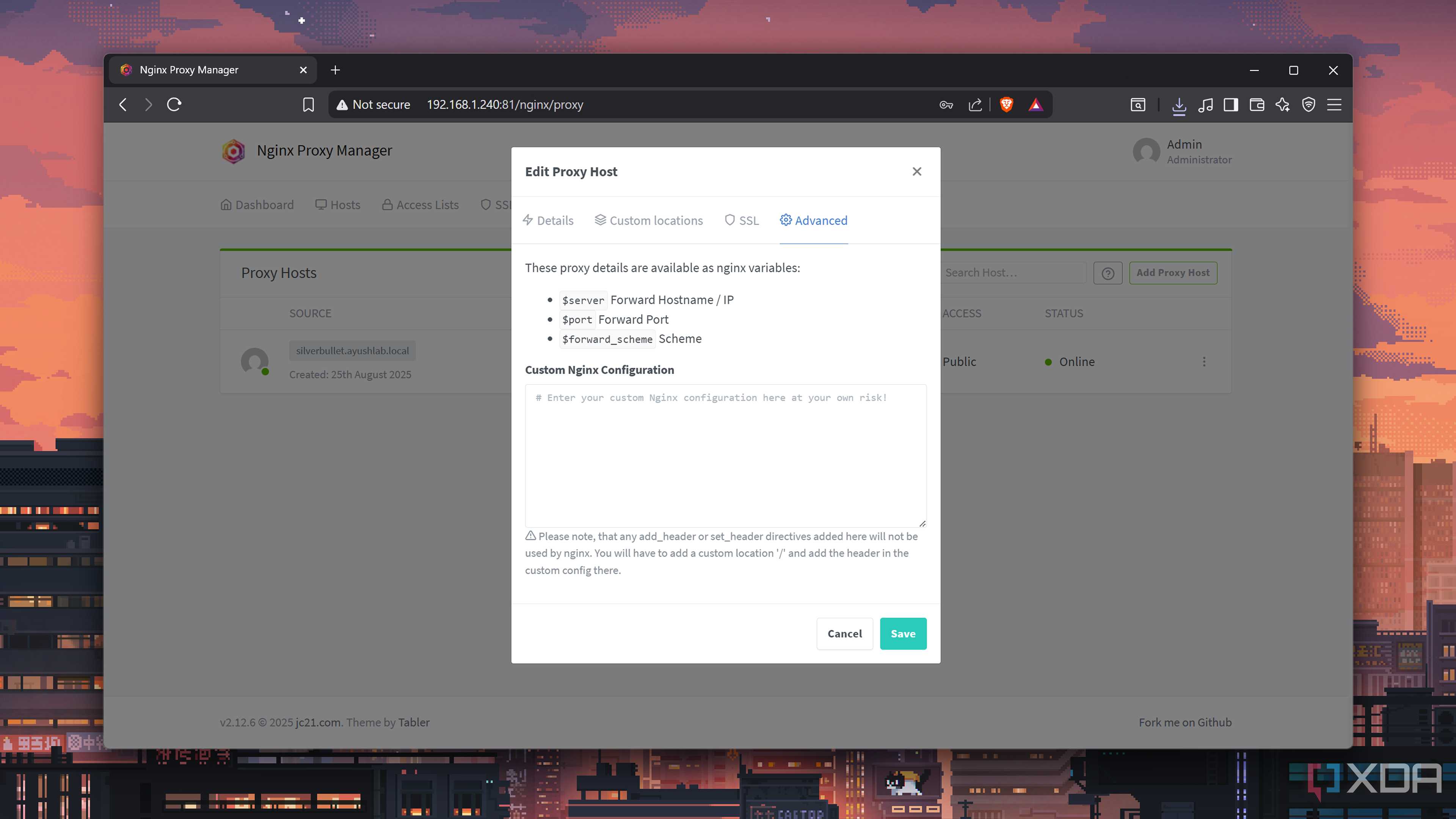 Editing a Proxy Host in Nginx