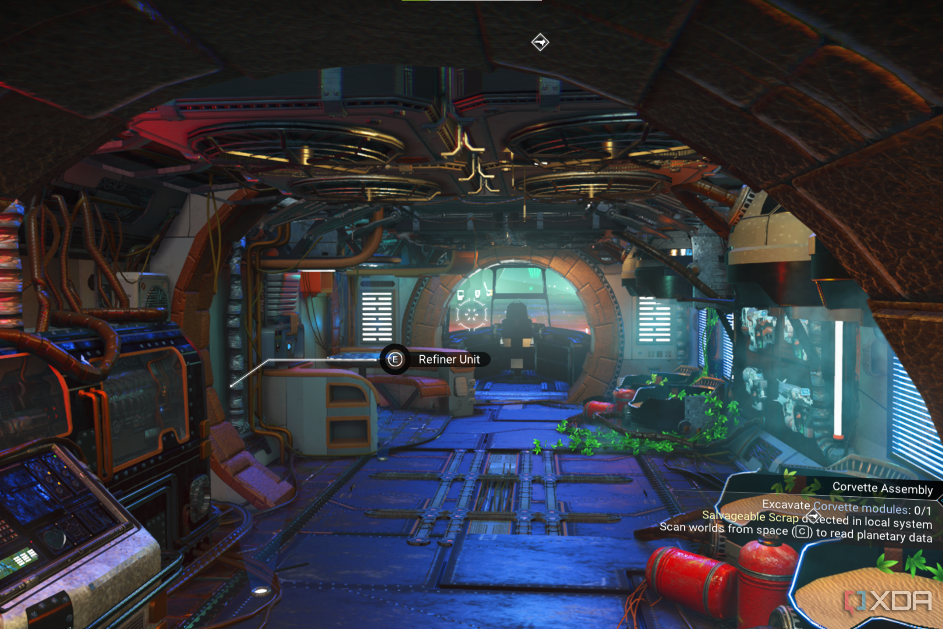 The inside of a corvette with a refiner unit and two planters in No Man's Sky