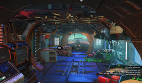 The inside of a corvette with a refiner unit and two planters in No Man's Sky