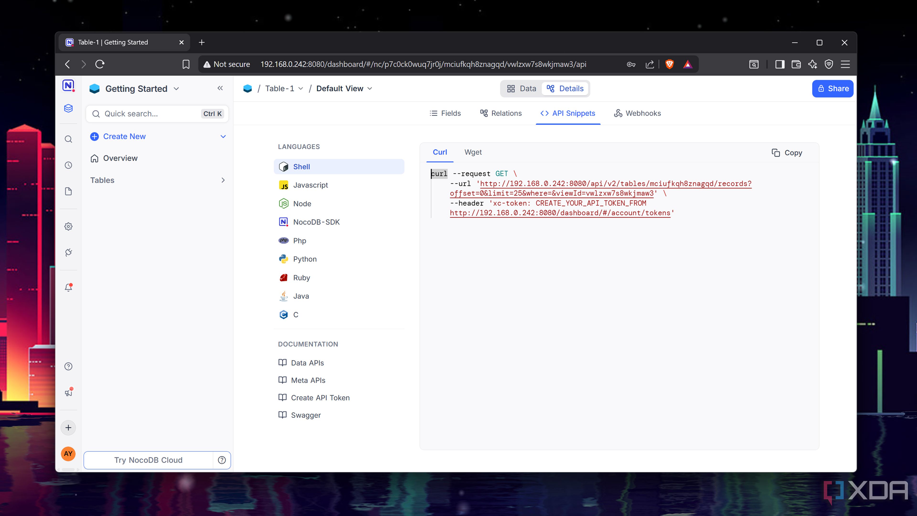 A Shell API snippet in NocoDB