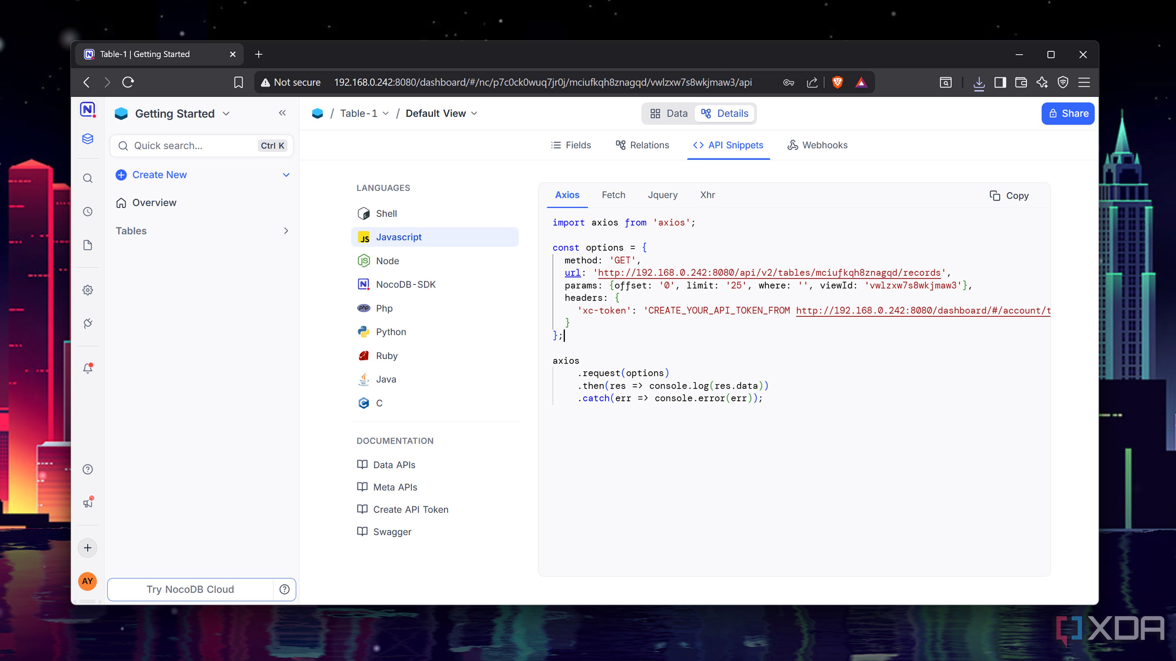 A JavaScript API snippet in NocoDB