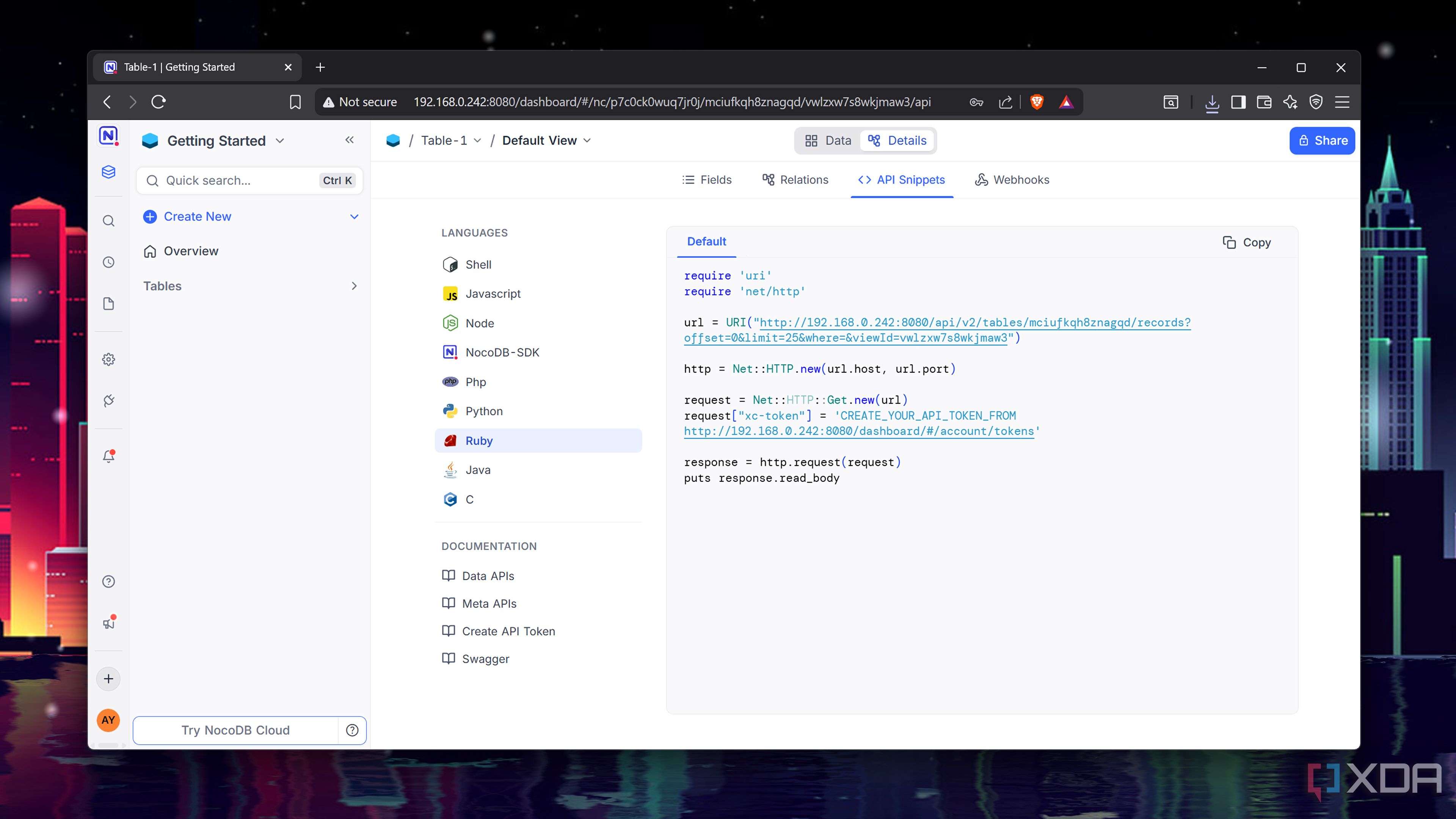 A Ruby API snippet in NocoDB