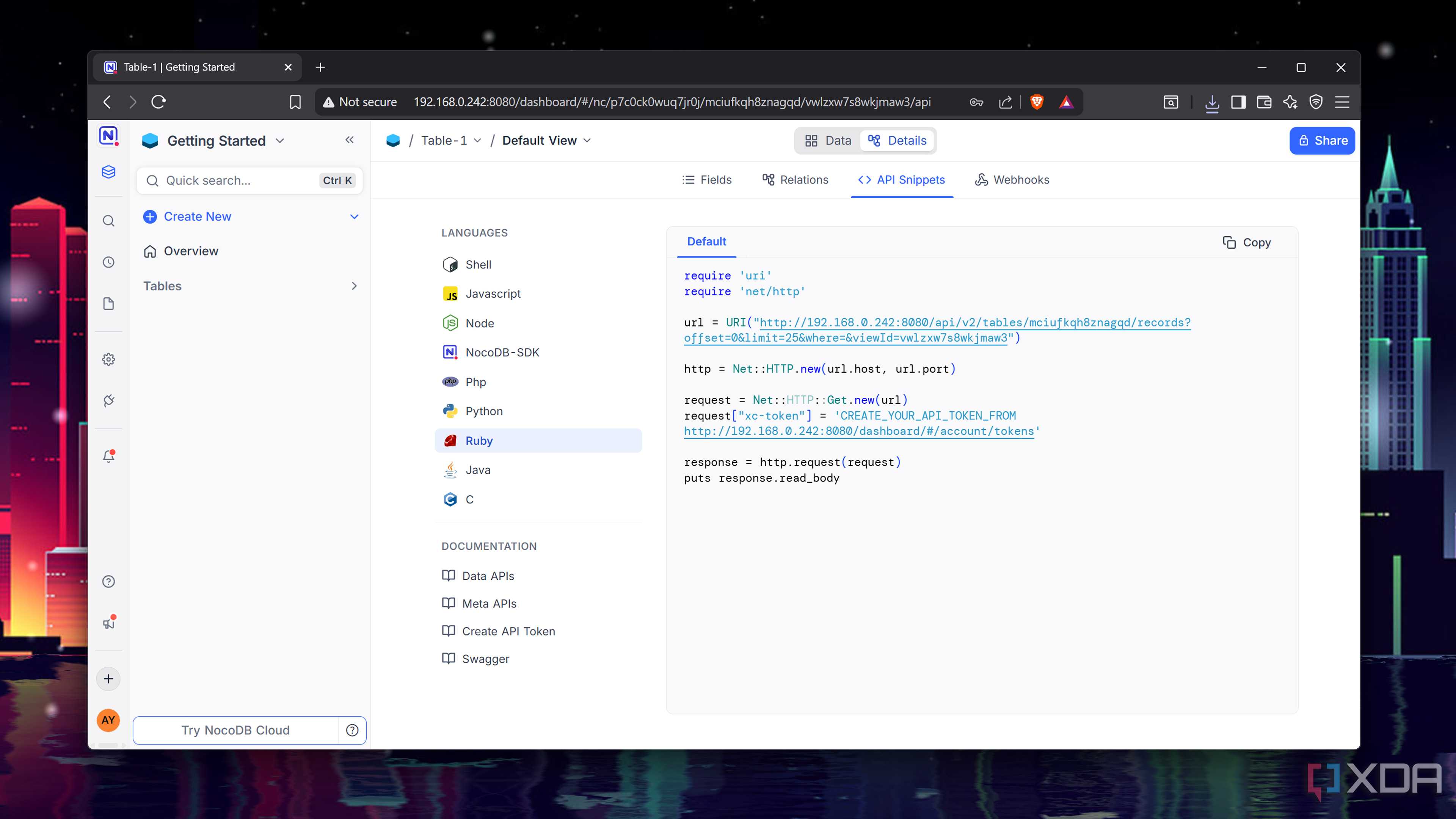 A Ruby API snippet in NocoDB