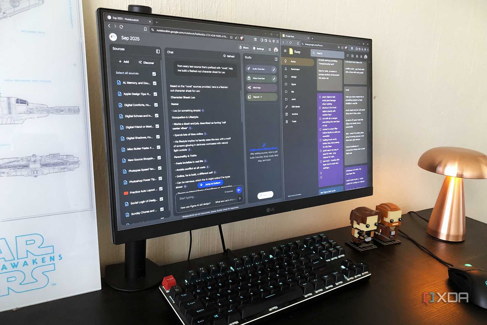 NotebookLM and Google Keep displayed on desktop pc, lamp and lego in view