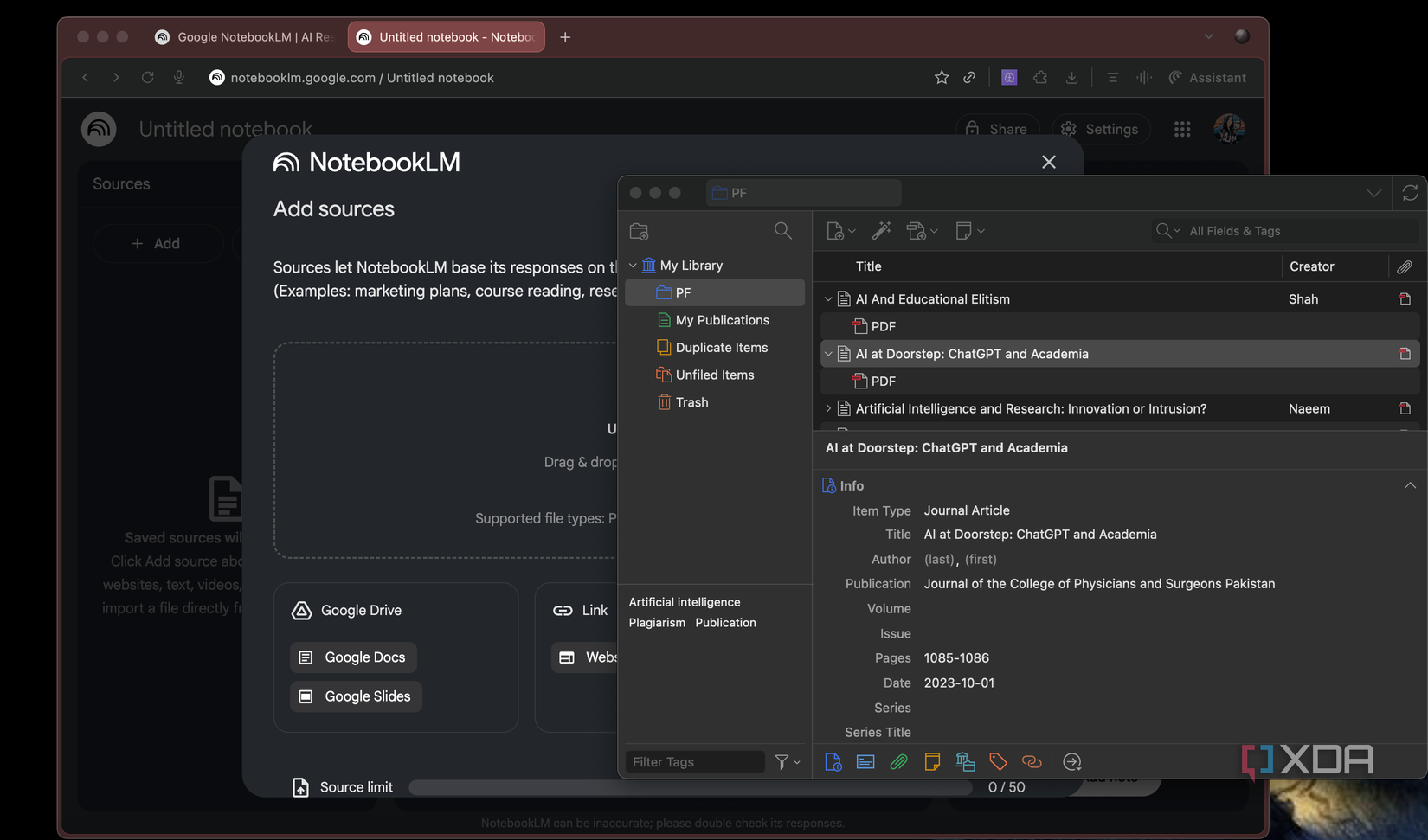 NotebookLM and Zotero open side by side