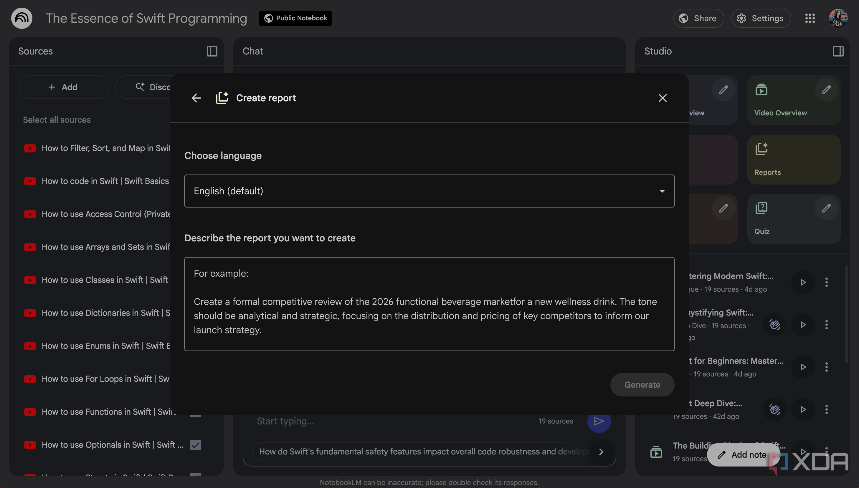 NotebookLM Create report descrive prompt box