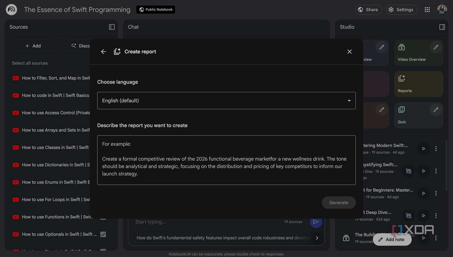 NotebookLM Create report descrive prompt box