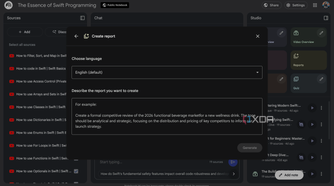 NotebookLM Create report descrive prompt box