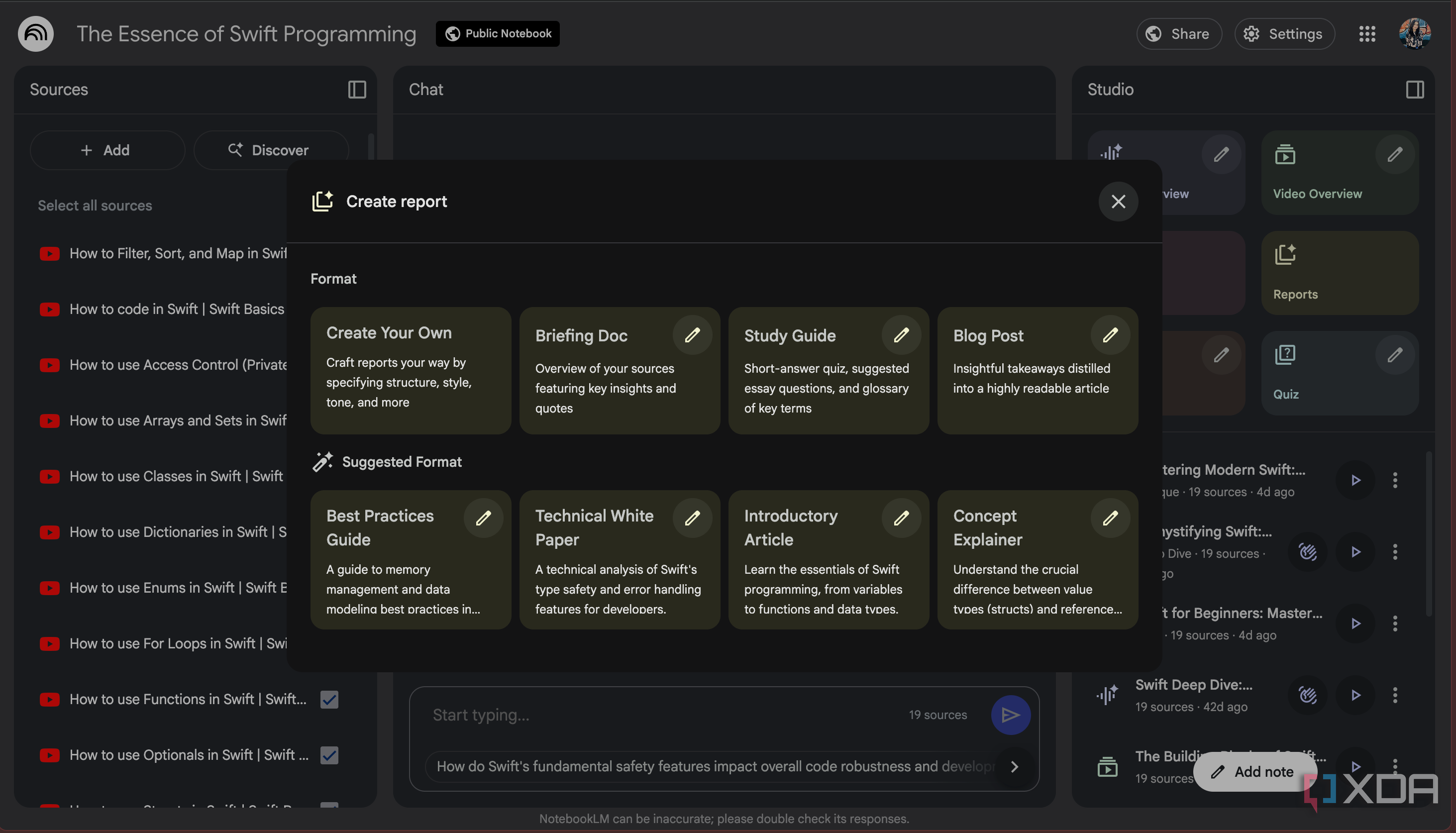 NotebookLM Create report option in the Swift notebook